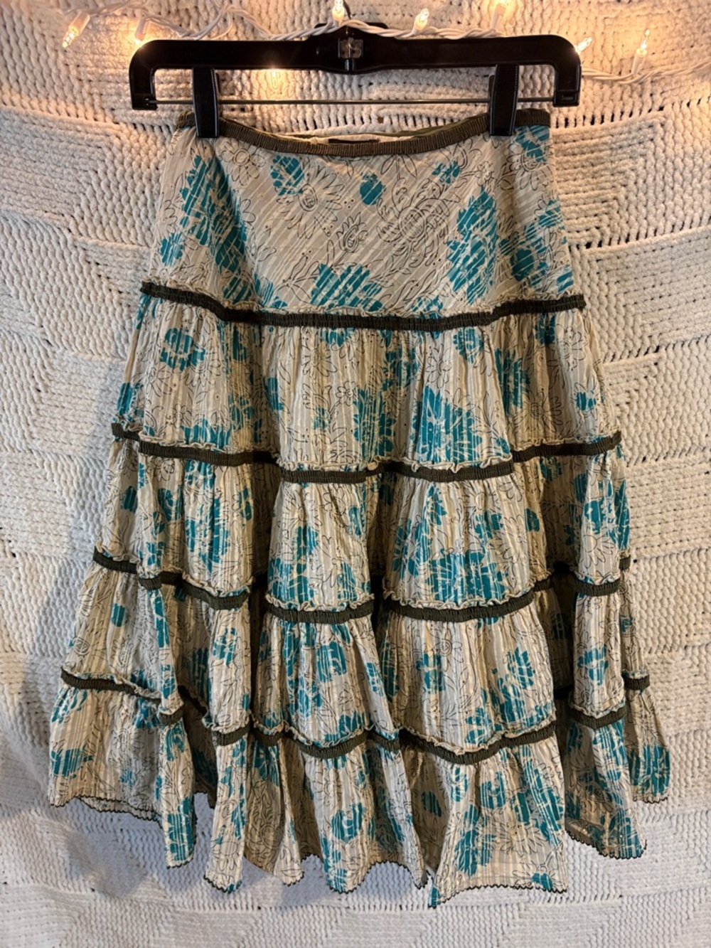 Anthropologie Cream and Teal Tiered Skirt